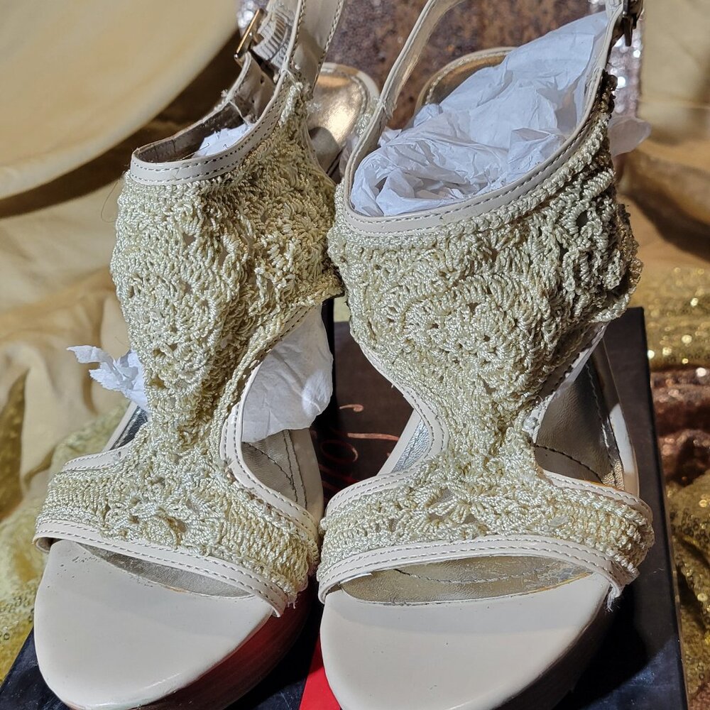 woman's 5-inch heels with beautiful crochet top, size 7